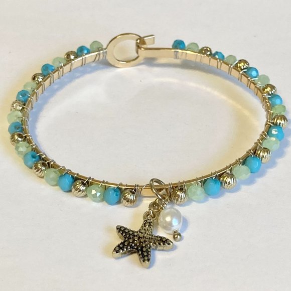 Aqua Bead Pearl Starfish Bangle Bracelet Gold Tone Plated Freshwater Sea Life - Picture 6 of 12